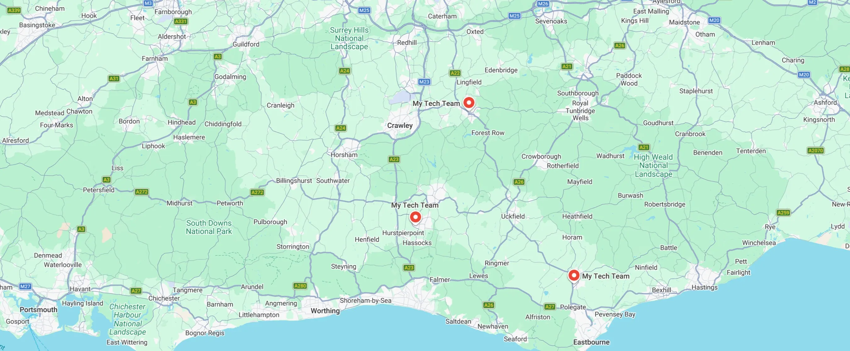 Map of Sussex showing our offices in East Grinstead, Burgess Hill and Hailsham