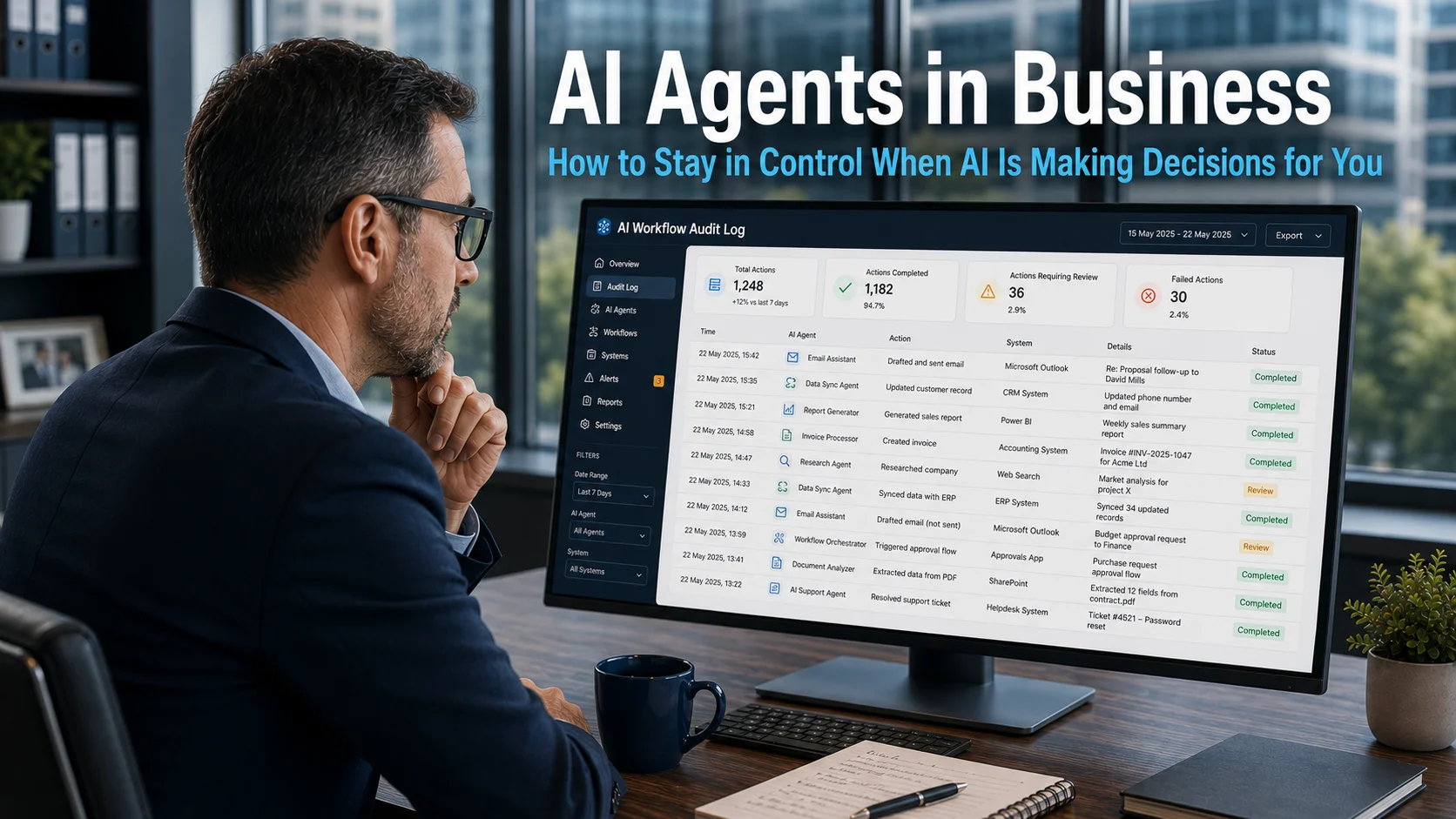 Business owner reviewing an AI workflow activity log on a monitor in a modern office, representing the importance of maintaining visibility and accountability when AI agents in business are making decisions and taking actions