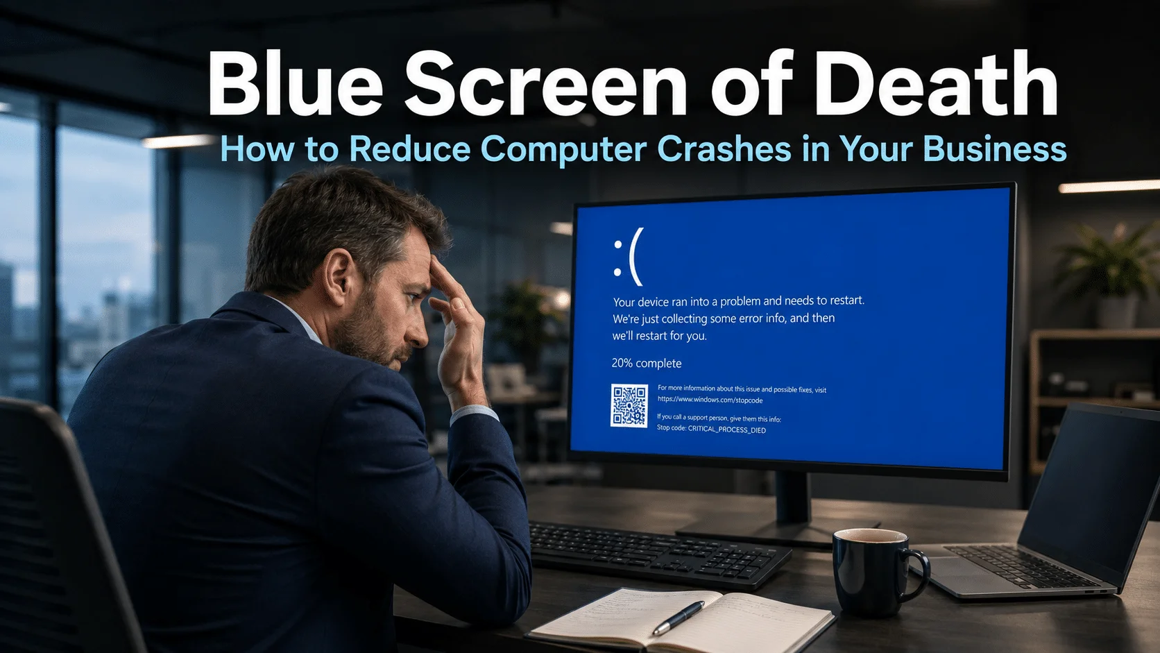 Business professional looking concerned at a computer monitor displaying a blue screen error in a modern office, representing the disruption caused by the Blue Screen of Death in business environments