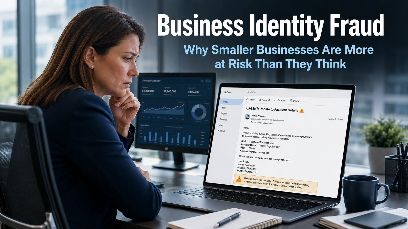 Business professional reviewing a suspicious payment request email on a laptop in a modern office, representing the growing threat of business identity fraud targeting smaller businesses