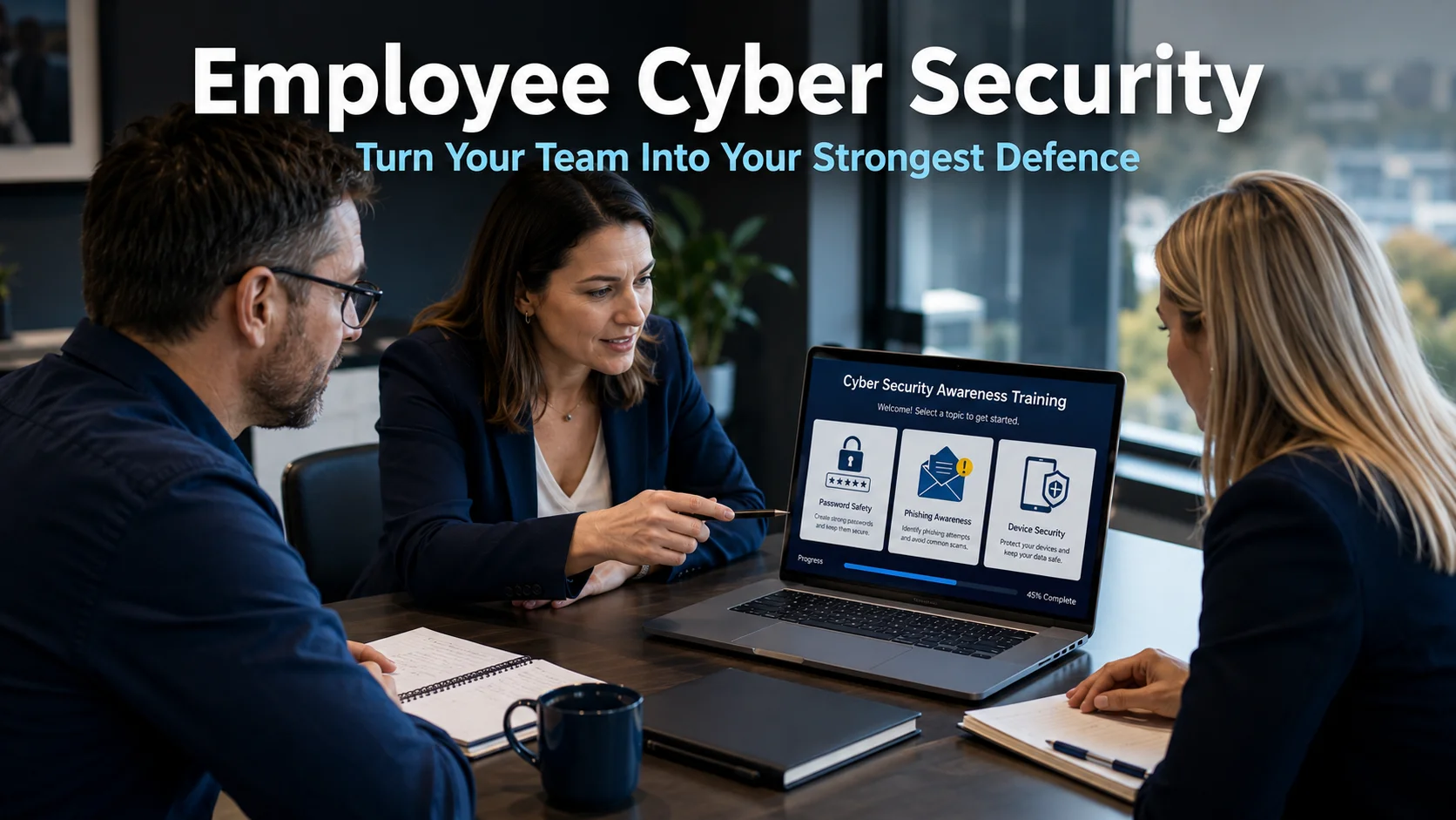 A team of business professionals in a modern office reviewing cyber security training on a laptop, representing the importance of employee cyber security awareness in protecting business data