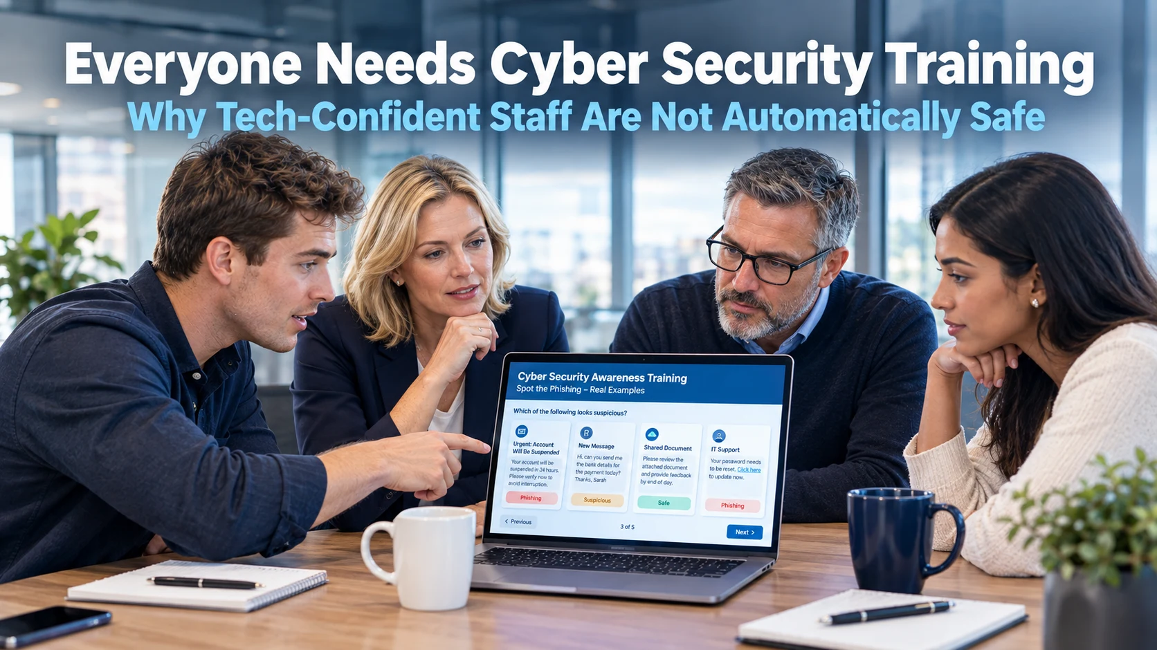 A mixed team of business professionals including younger and older staff members attending a cyber security training session around a laptop in a modern office, representing the importance of cyber security training for everyone regardless of technical confidence
