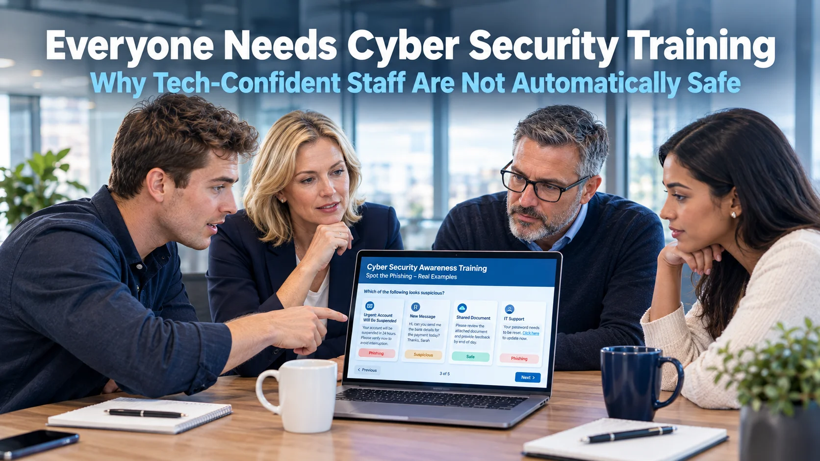 A mixed team of business professionals including younger and older staff members attending a cyber security training session around a laptop in a modern office, representing the importance of cyber security training for everyone regardless of technical confidence