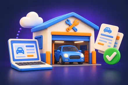 Garage with a laptop and digital paperwork, representing a connected workshop