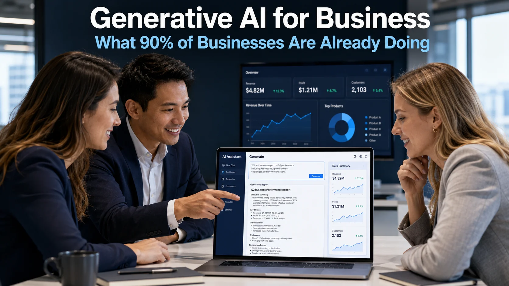Business professionals collaborating around a laptop using generative AI tools in a modern office setting, representing the widespread adoption of generative AI for business productivity