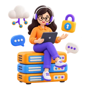 Support engineer with a headset working on servers, cloud and security