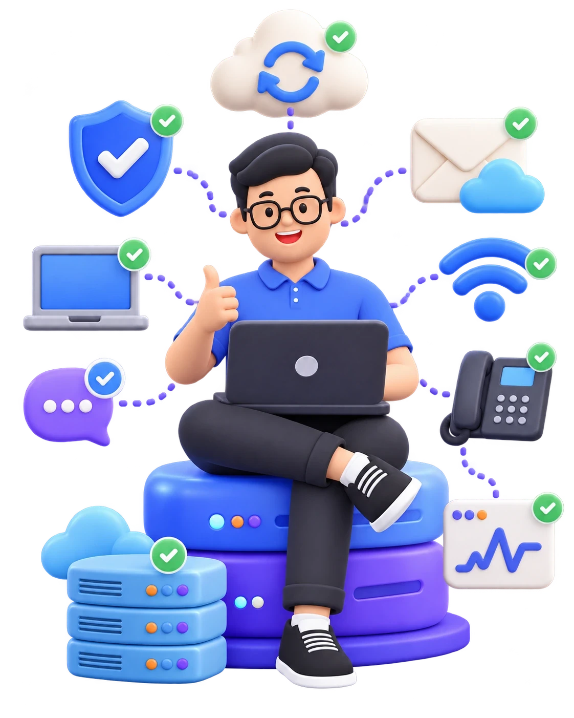 IT engineer on a laptop surrounded by the systems we manage: security, cloud, email, Wi-Fi, phones, servers and monitoring