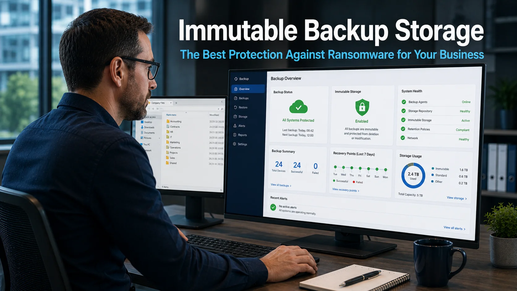 Business professional reviewing a secure cloud backup dashboard on a monitor in a modern office, representing the protection offered by immutable backup storage against ransomware attacks