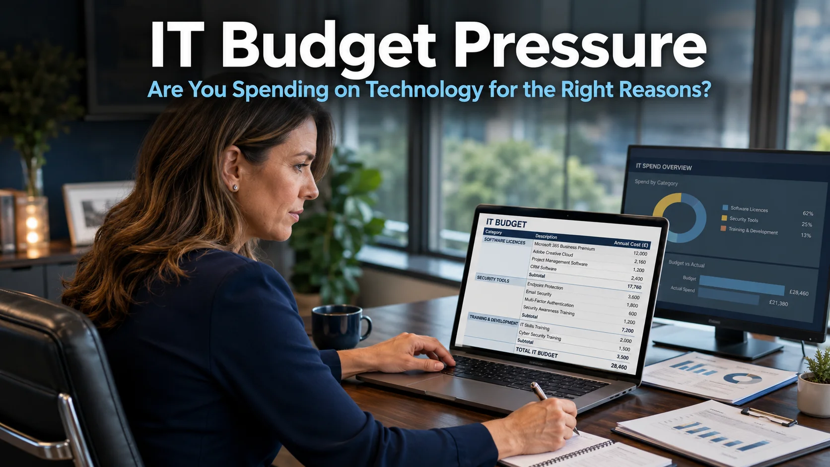 Business owner reviewing a technology budget and software spending plan on a laptop in a modern office, representing the challenge of IT budget pressure and making smart technology decisions