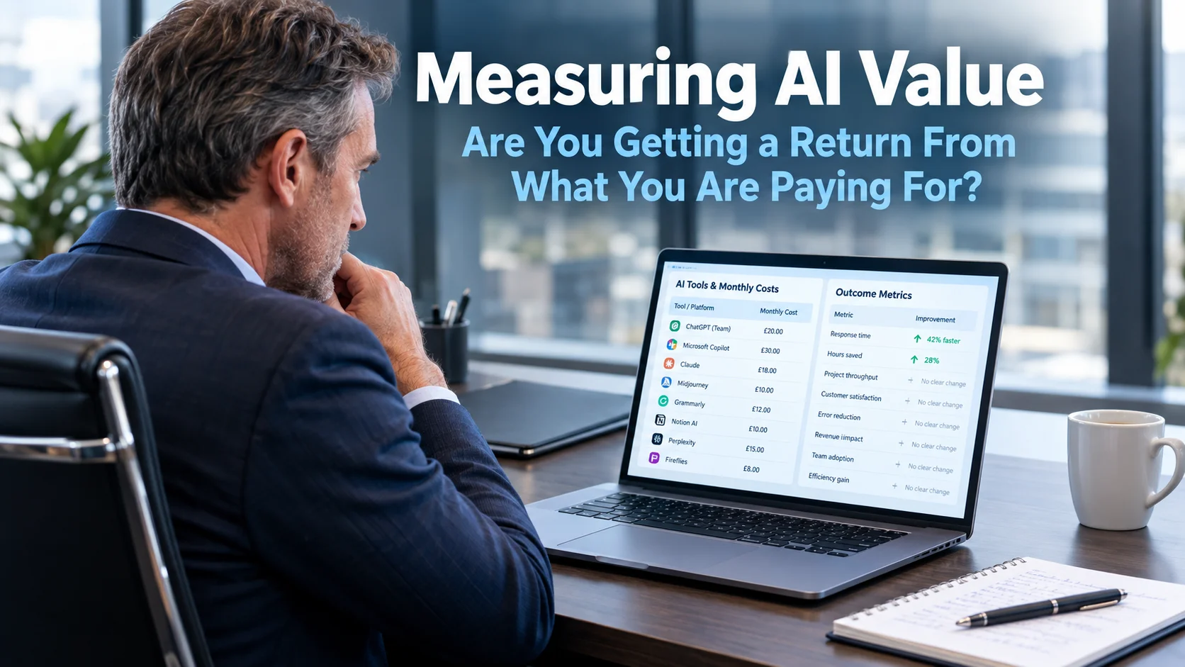 Business owner reviewing AI tool costs against business outcomes on a laptop in a modern office, representing the challenge of measuring AI value and whether AI subscriptions are delivering a genuine return