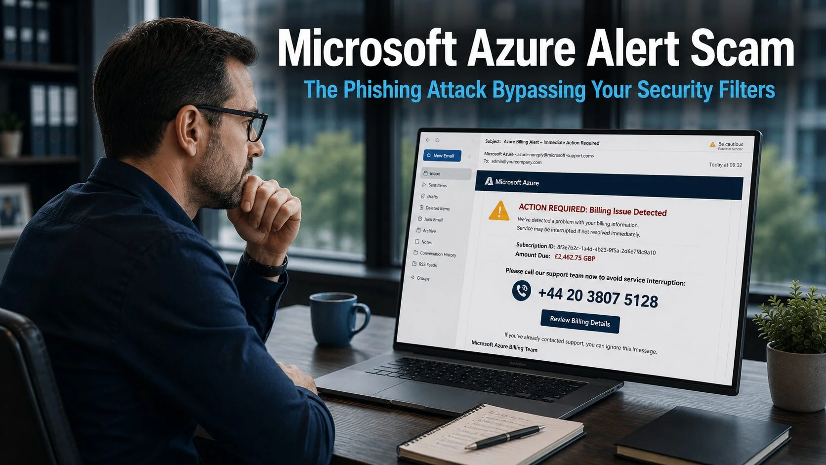 Business professional pausing to verify a suspicious Microsoft Azure billing alert email on a laptop in a modern office, representing the Microsoft Azure alert scam bypassing standard email security filters