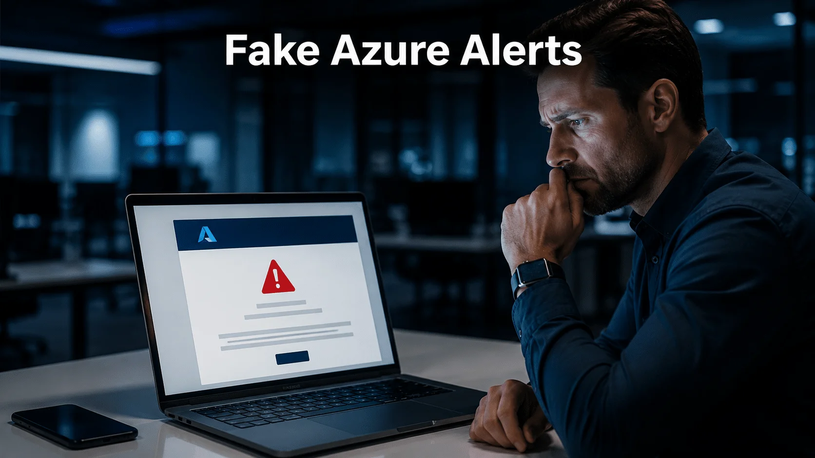 A business professional viewing a suspicious email alert on a laptop screen, representing Microsoft Azure alerts being used in a phishing scam