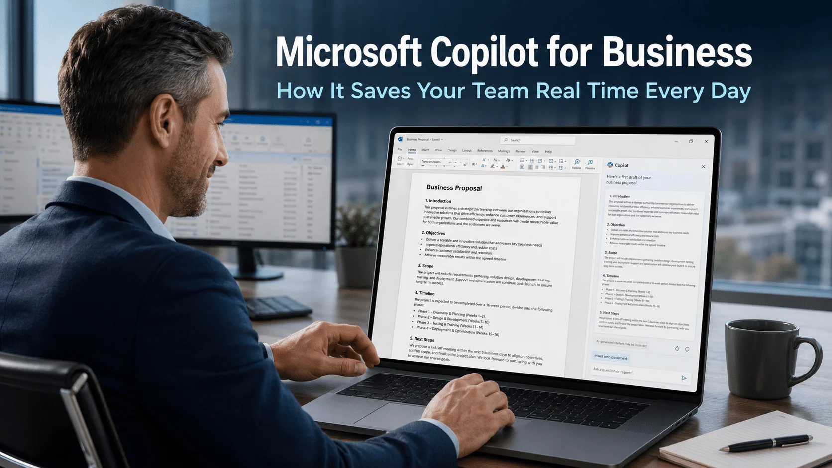 Business professional using Microsoft Copilot in Word on a laptop in a modern office with an AI draft visible on screen, representing how Microsoft Copilot for business saves time on everyday tasks