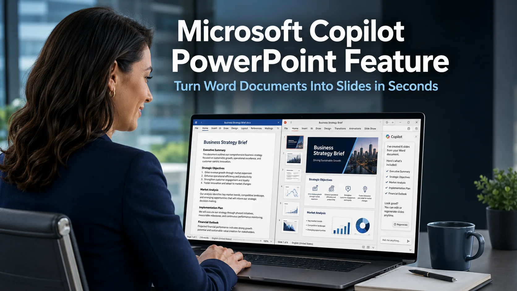 Business professional using the Microsoft Copilot PowerPoint feature to convert a Word document into presentation slides on a laptop in a modern office