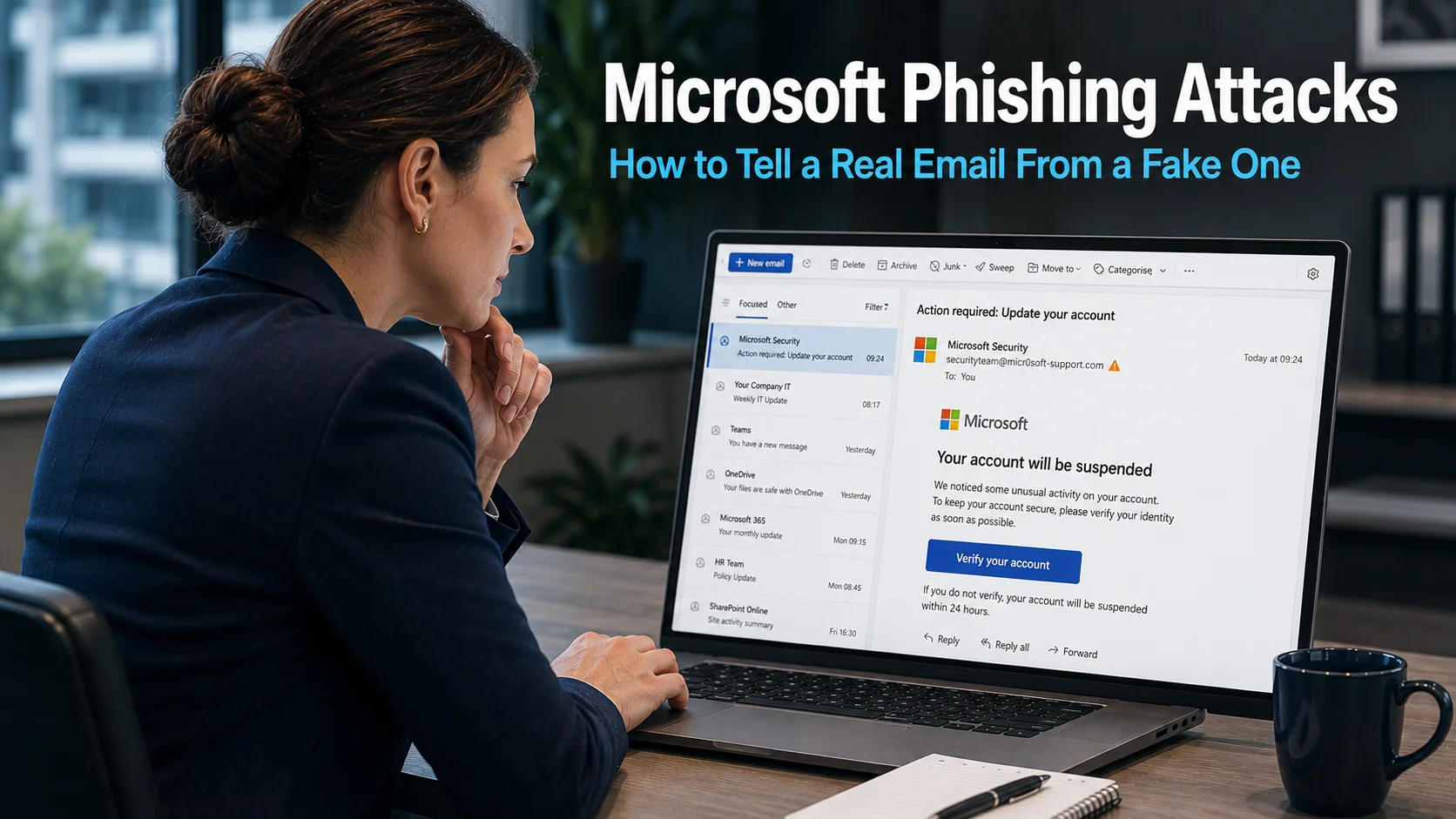 Business professional closely examining a suspicious Microsoft-branded email on a laptop screen in a modern office, representing the threat of Microsoft phishing attacks targeting business users