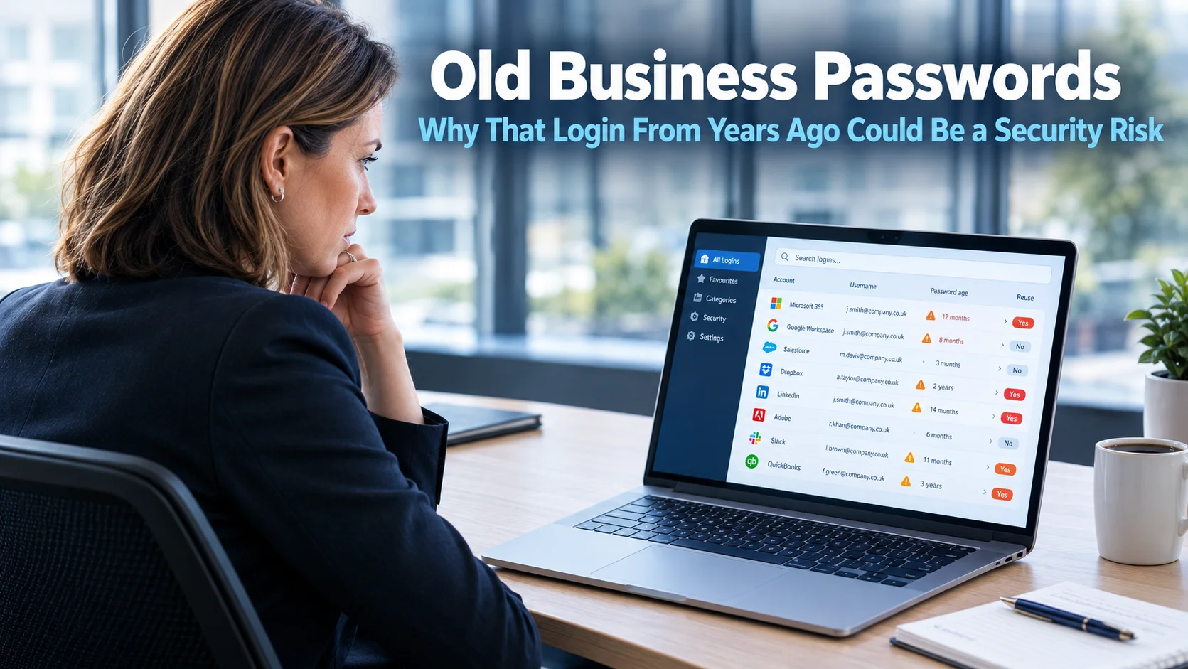 Business professional reviewing a password manager and account audit on a laptop in a modern office, representing the security risk of old business passwords and the importance of reviewing and updating business account credentials