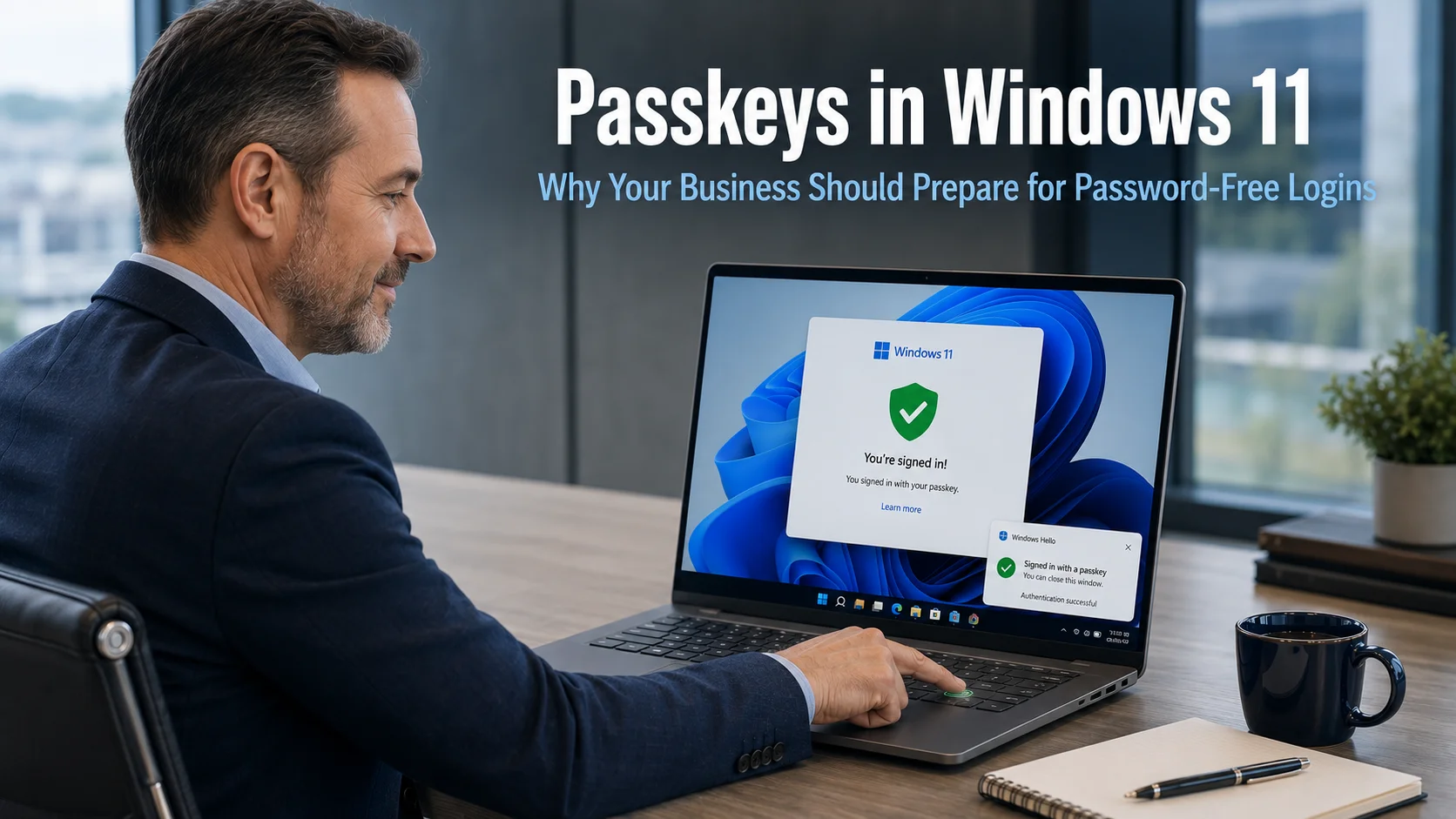 Business professional signing in to a Windows 11 laptop using a fingerprint reader with a passkey confirmation on screen, representing the improved passkeys in Windows 11 experience for businesses