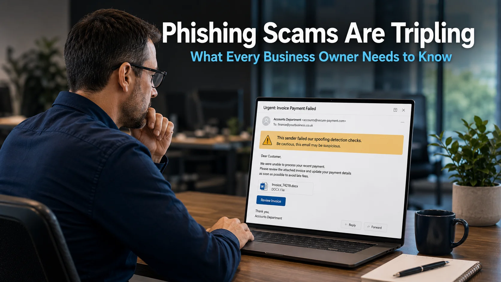 Business professional looking cautiously at a suspicious email on a laptop in a modern office environment, representing the growing threat of phishing scams targeting business employees