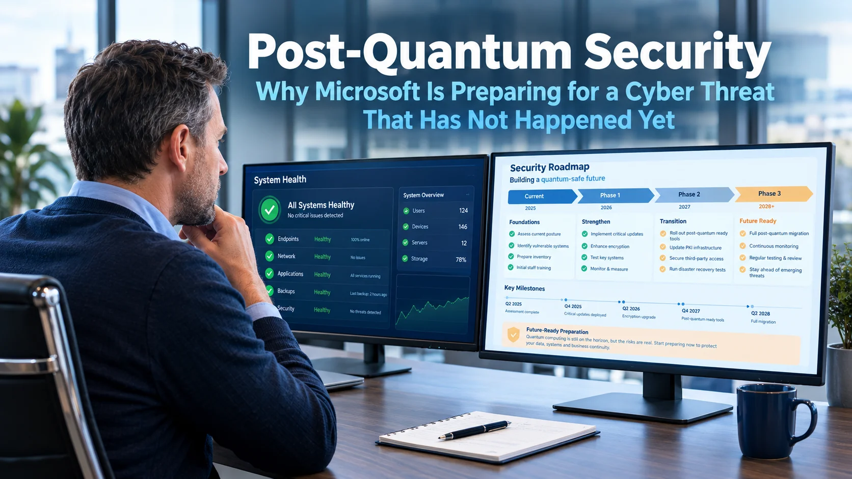 Business professional reviewing a future technology roadmap on a monitor in a modern office, representing the forward-thinking approach to post-quantum security and why businesses should keep their foundations current ahead of tomorrow's threats