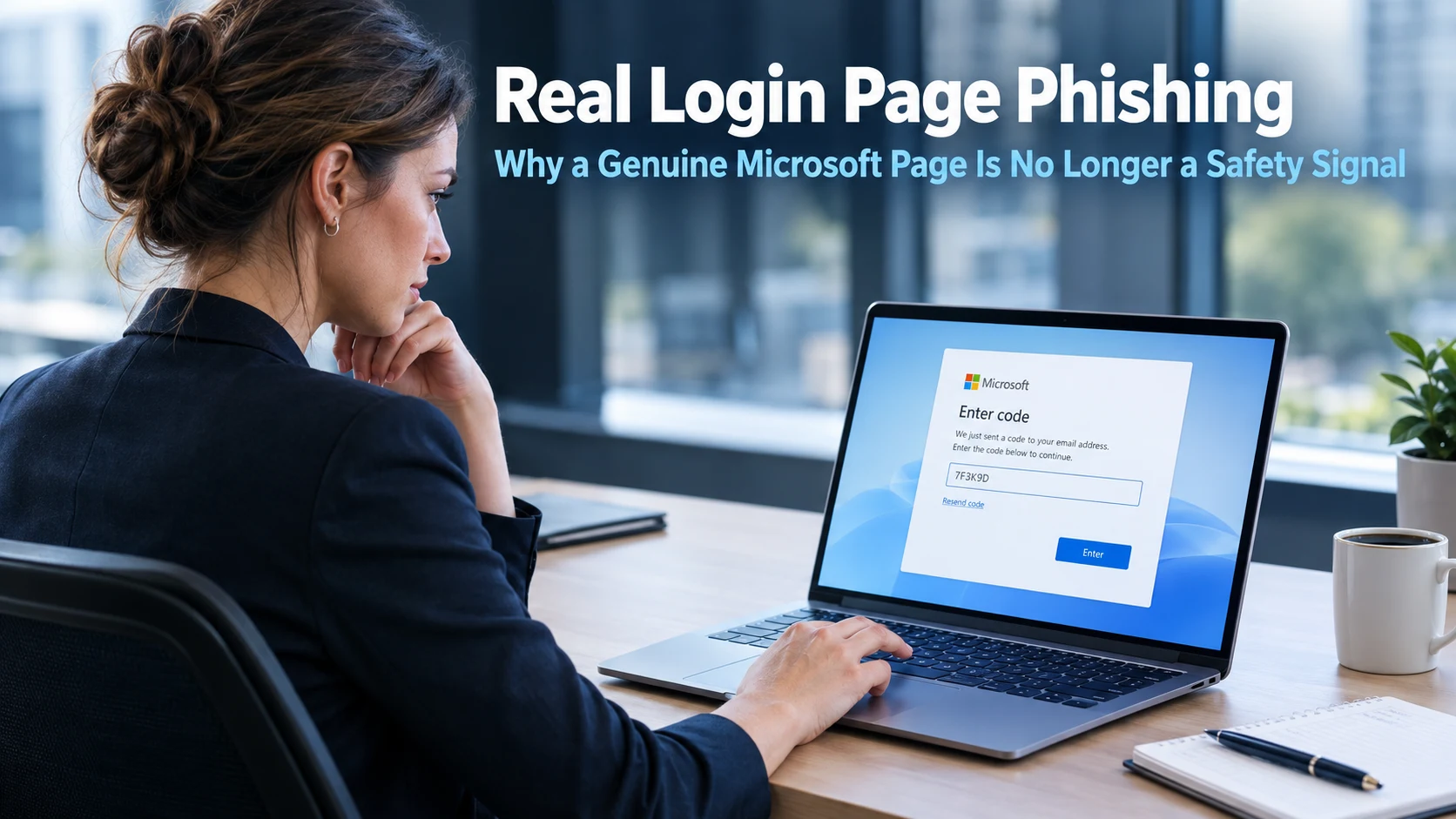 Business professional pausing before entering a code on a genuine Microsoft login page after receiving an unexpected email, representing the real login page phishing threat that bypasses traditional security signals