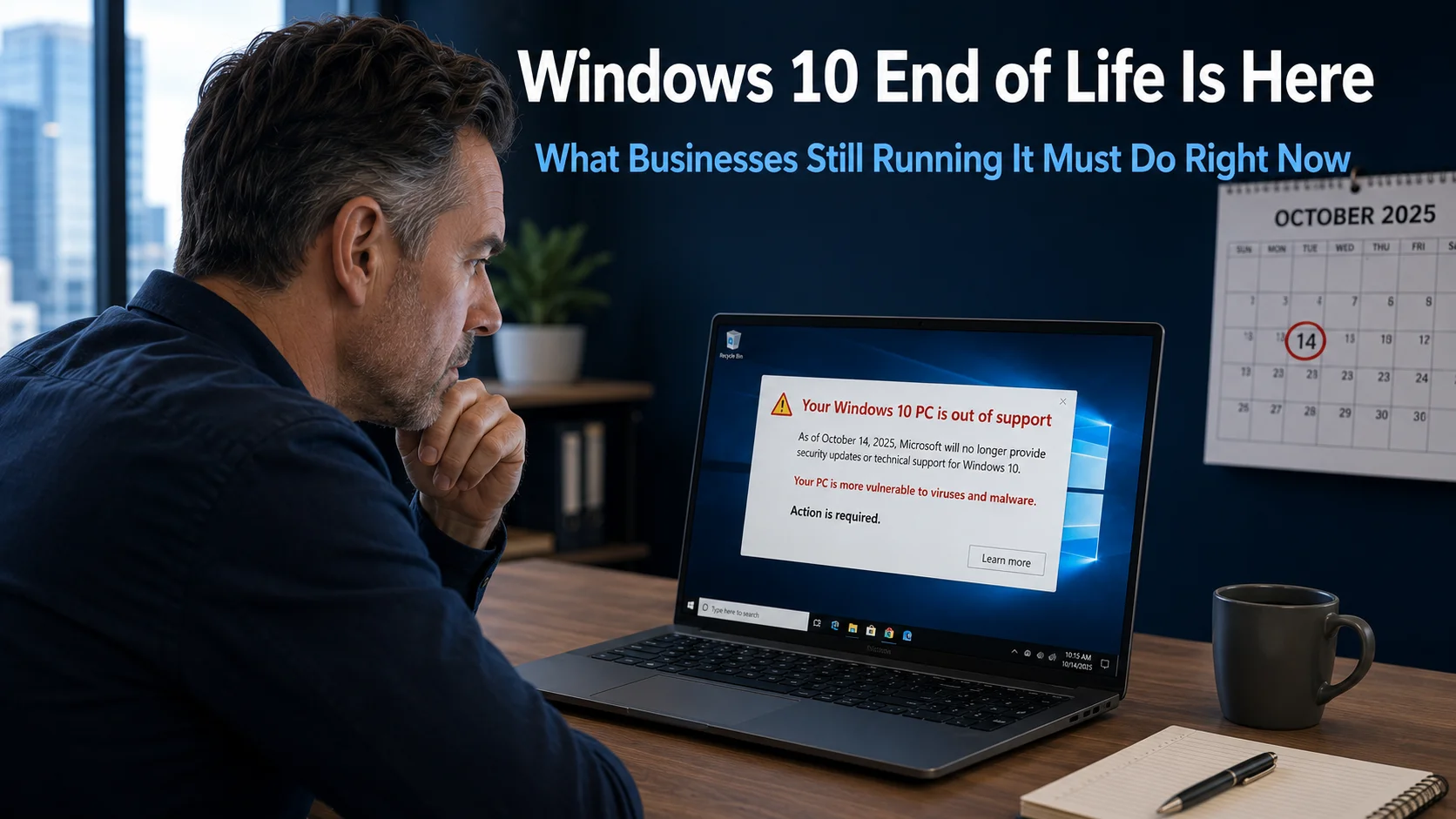 Business owner looking urgently at a Windows 10 laptop showing an end of support warning notification, representing the Windows 10 end of life deadline that has now passed for businesses