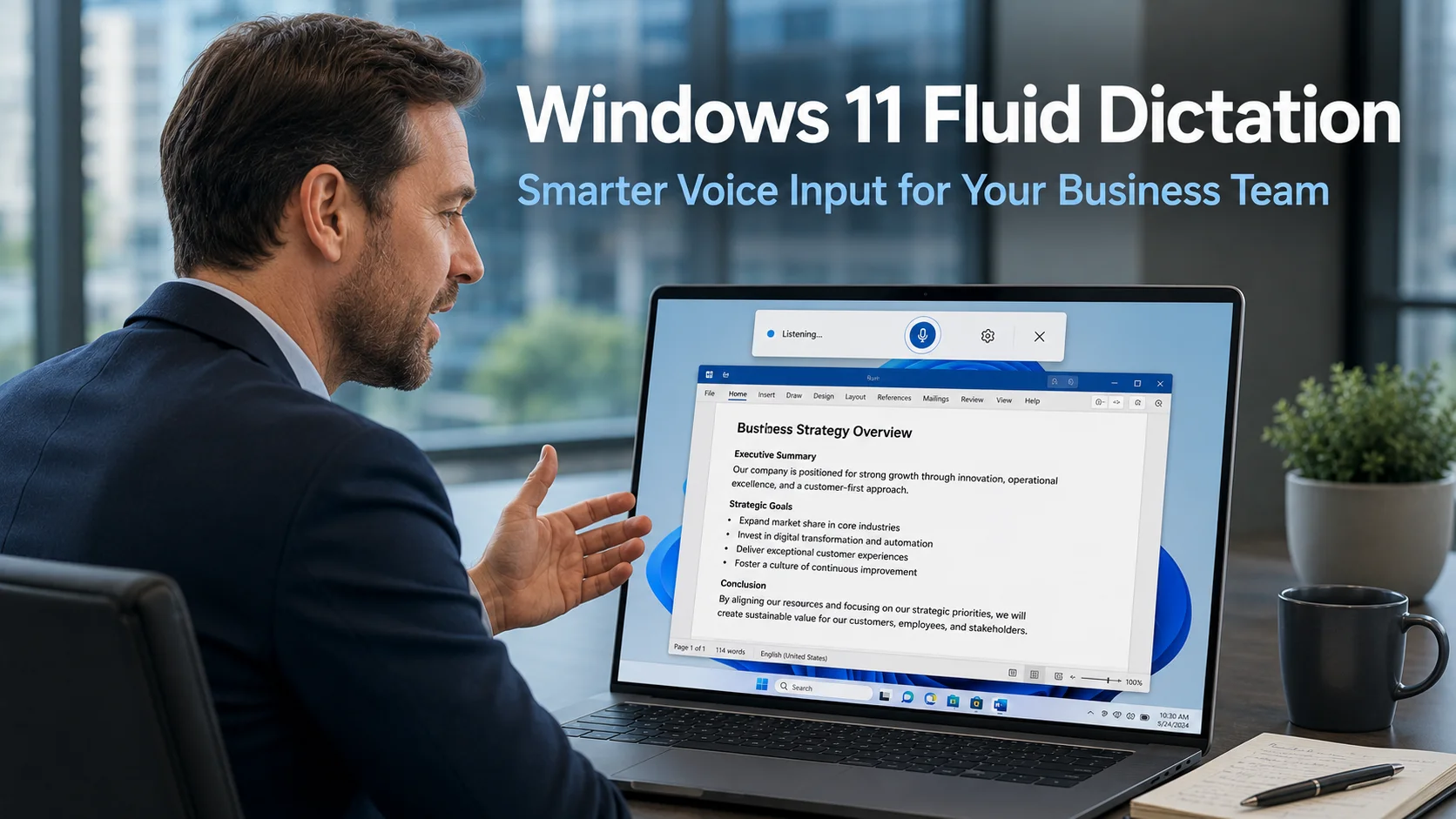 Business professional dictating notes into a Windows 11 laptop in a modern office with text appearing cleanly on screen, representing the Windows 11 Fluid Dictation feature for business productivity