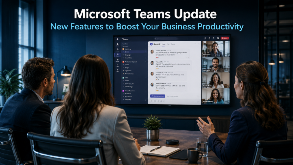 Business professionals collaborating around a laptop showing the Microsoft Teams interface in a modern office, representing the new Microsoft Teams update and its productivity benefits