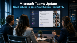 Business professionals collaborating around a laptop showing the Microsoft Teams interface in a modern office, representing the new Microsoft Teams update and its productivity benefits