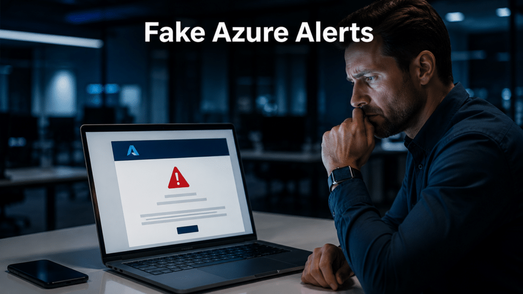 A business professional viewing a suspicious email alert on a laptop screen, representing Microsoft Azure alerts being used in a phishing scam