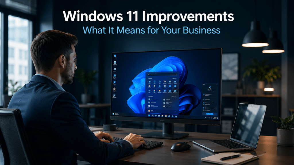 Business professional working at a modern office desk with a Windows 11 desktop on screen, showing a clean productive interface in a dark navy professional environment