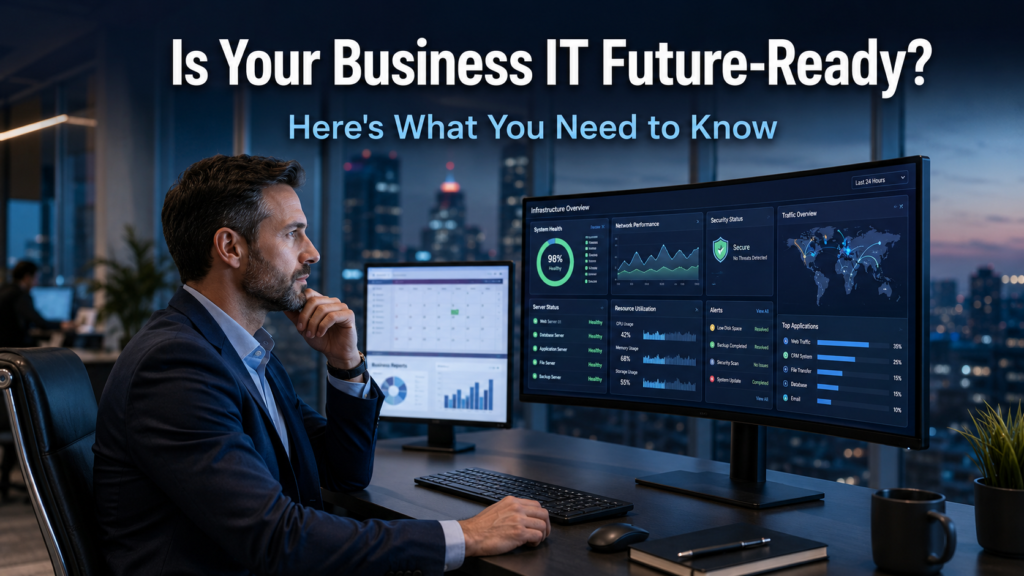 Business professional reviewing IT infrastructure on a modern monitor in a professional office environment, representing future-ready business IT planning