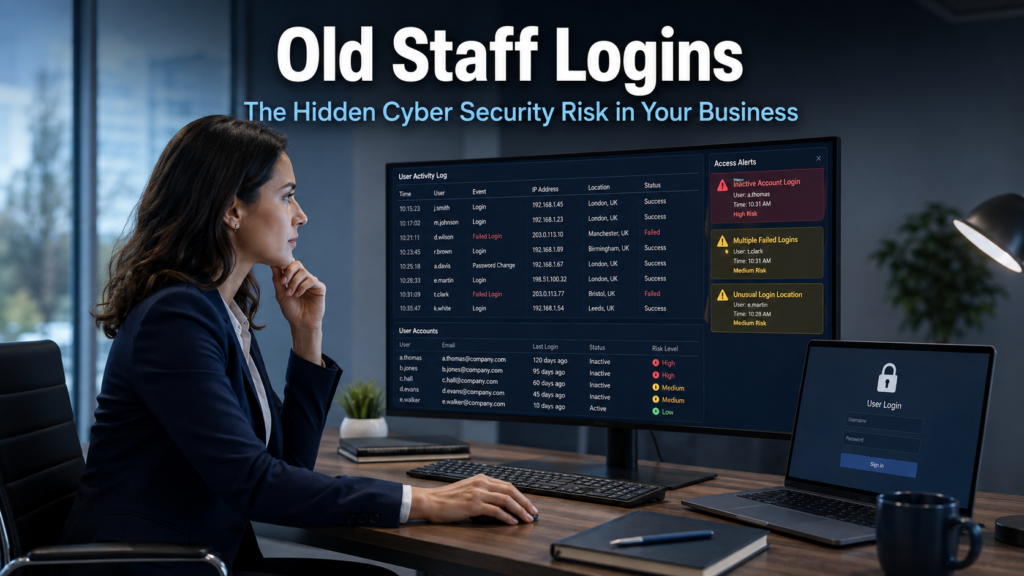 Business professional reviewing a security dashboard on a laptop showing user account access alerts, representing the cyber security risk of old staff loginsBusiness professional reviewing a security dashboard on a laptop showing user account access alerts, representing the cyber security risk of old staff logins