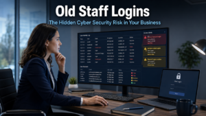 Business professional reviewing a security dashboard on a laptop showing user account access alerts, representing the cyber security risk of old staff loginsBusiness professional reviewing a security dashboard on a laptop showing user account access alerts, representing the cyber security risk of old staff logins