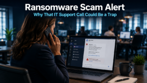 Business professional looking cautiously at a phone and laptop screen showing an incoming IT support message, representing the danger of a ransomware scam disguised as an IT support call