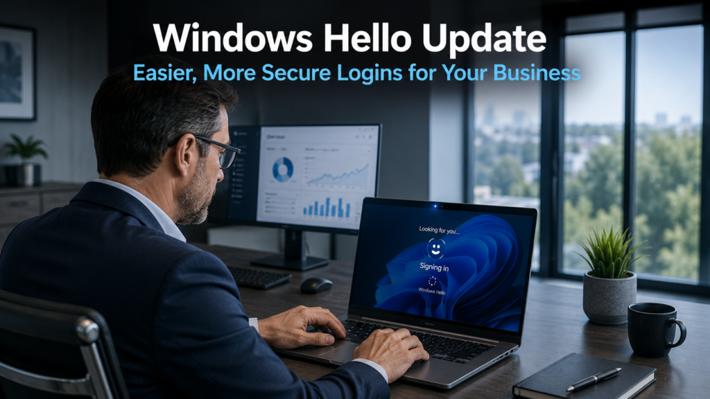 Business professional signing into a Windows 11 laptop using facial recognition in a modern office, representing the Windows Hello update and password-free business security