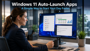 Professional starting work at a Windows 11 desktop with multiple business applications open and ready, representing the productivity benefit of Windows 11 auto-launch apps