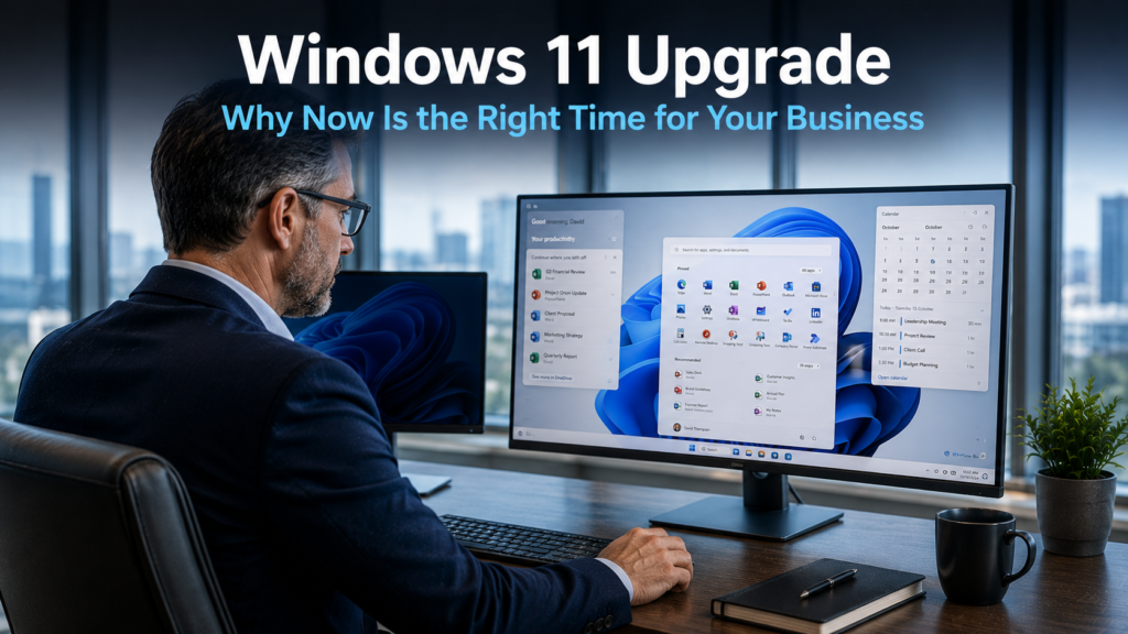 Business professional working on a modern Windows 11 desktop in a professional office environment, representing the Windows 11 upgrade decision for businesses