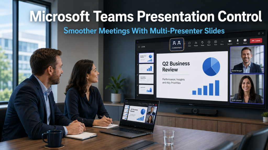Business professionals in a video meeting on Microsoft Teams with multiple presenters controlling slides on screen, representing the new Microsoft Teams presentation control feature