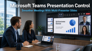 Business professionals in a video meeting on Microsoft Teams with multiple presenters controlling slides on screen, representing the new Microsoft Teams presentation control feature