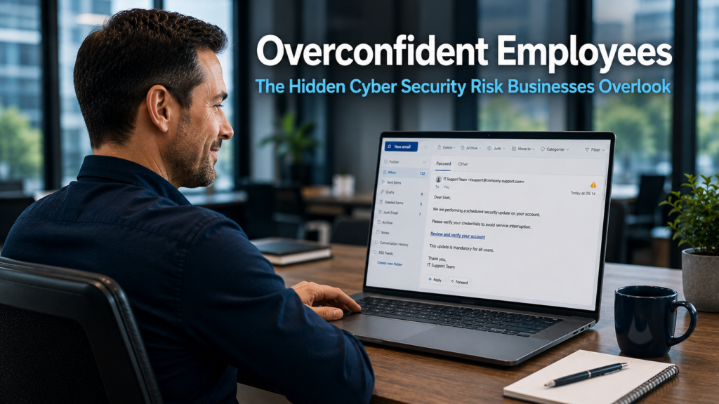 Business professional looking confidently at a laptop screen unaware of a phishing email in their inbox, representing the cyber security risk posed by overconfident employees