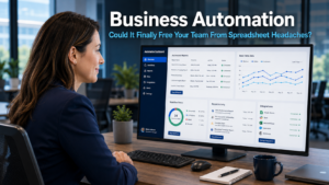 Business professional reviewing automated data dashboards on a monitor in a modern office, replacing manual spreadsheet work with business automation tools