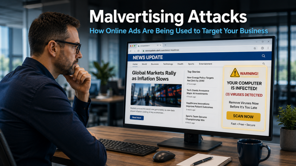 Business professional looking cautiously at a browser displaying a suspicious online advertisement on a desktop monitor in a modern office, representing the threat of malvertising attacks targeting businesses