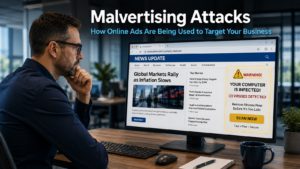 Business professional looking cautiously at a browser displaying a suspicious online advertisement on a desktop monitor in a modern office, representing the threat of malvertising attacks targeting businesses