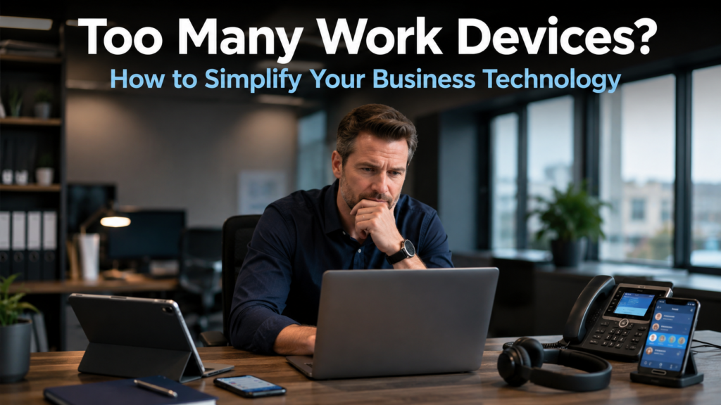 Business professional sitting at a desk surrounded by multiple work devices including a laptop, tablet, and phone, representing the challenge of too many work devices in a modern office