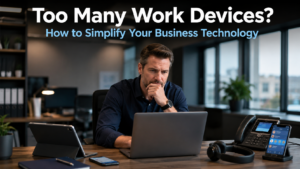 Business professional sitting at a desk surrounded by multiple work devices including a laptop, tablet, and phone, representing the challenge of too many work devices in a modern office