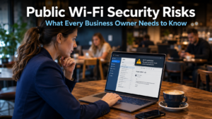 Business professional working on a laptop in a café connected to public Wi-Fi, representing the security risks of using unsecured public networks for business