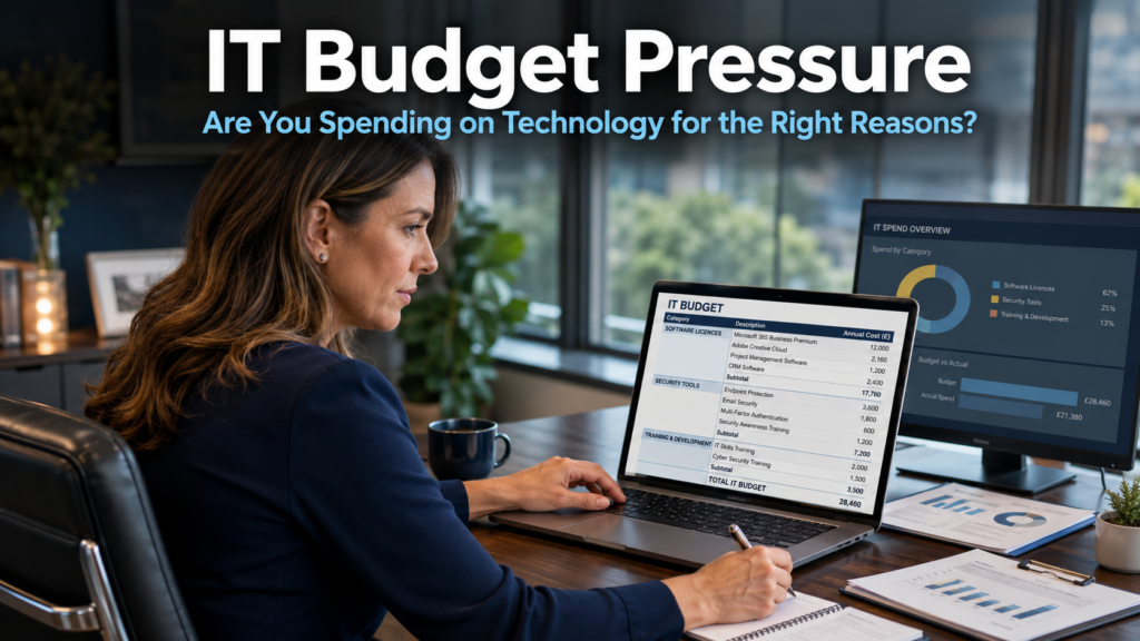 Business owner reviewing a technology budget and software spending plan on a laptop in a modern office, representing the challenge of IT budget pressure and making smart technology decisions