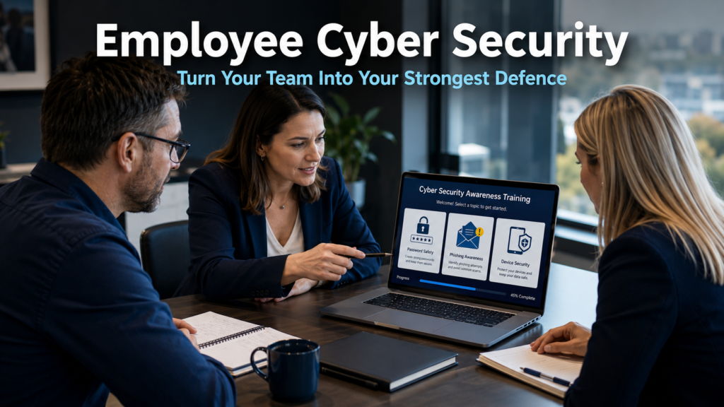 A team of business professionals in a modern office reviewing cyber security training on a laptop, representing the importance of employee cyber security awareness in protecting business data