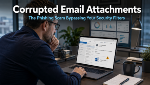 Business professional looking cautiously at an email with a Word document attachment on a laptop screen in a modern office, representing the threat of corrupted email attachments used in phishing scams