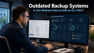 Business professional reviewing a data backup status dashboard on a monitor in a modern office, representing the risks of outdated backup systems and the importance of modern data protection